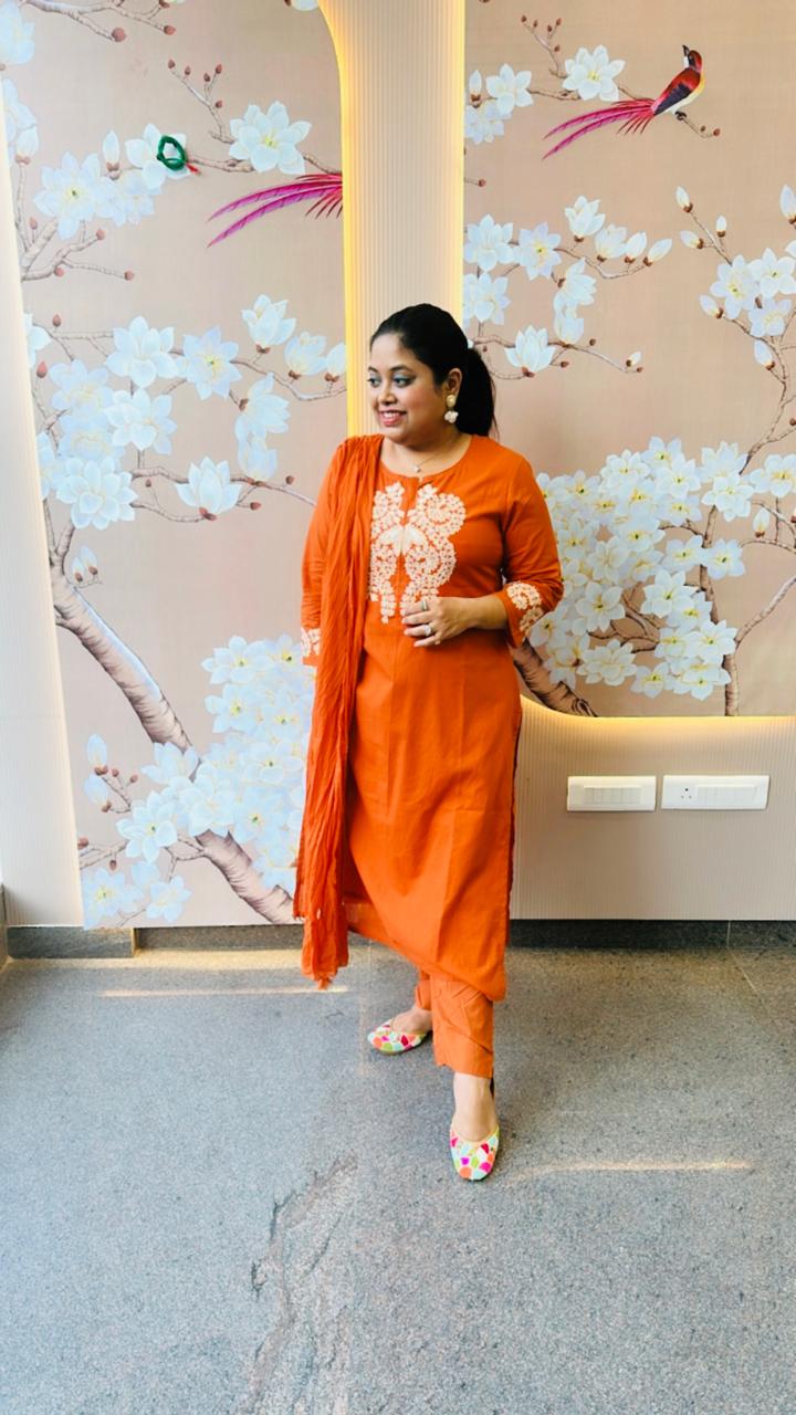 Beautiful cotton embroidered suit set in rust