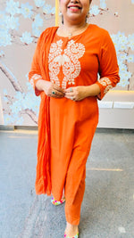 Beautiful cotton embroidered suit set in rust