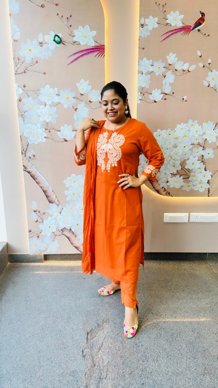 Beautiful cotton embroidered suit set in rust