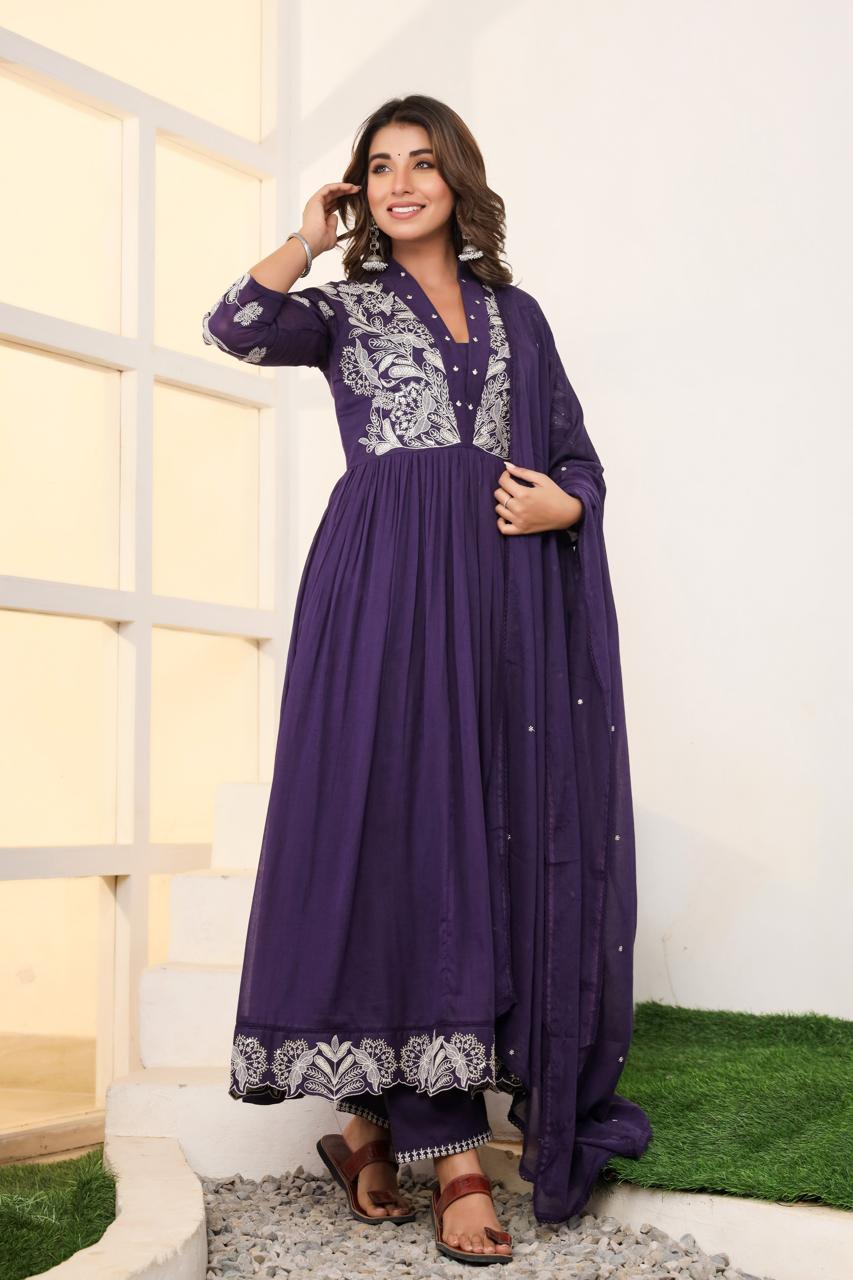 Super premium mul cotton embroidered lining suit set in purple