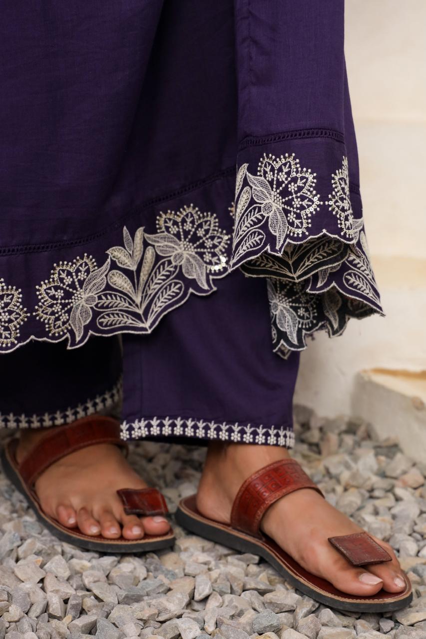 Super premium mul cotton embroidered lining suit set in purple