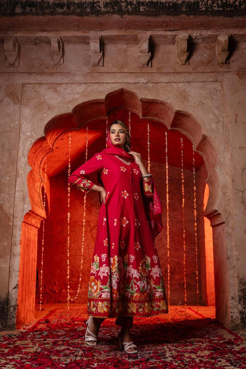 Beautiful n stylish cotton Anarkali in Rani pink