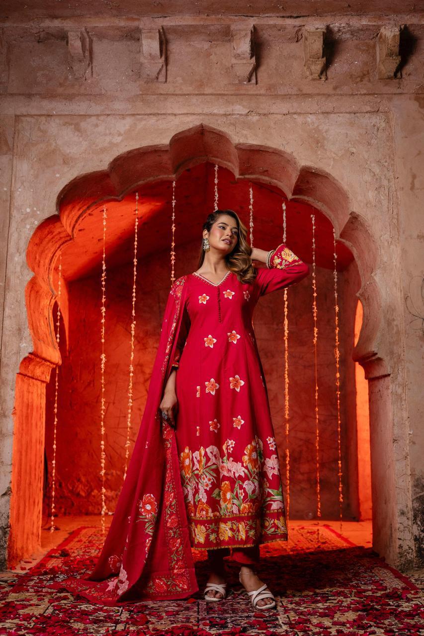 Beautiful n stylish cotton Anarkali in Rani pink