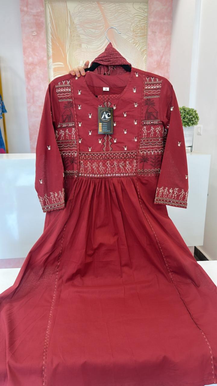 Worli art embroidered full suit set in red