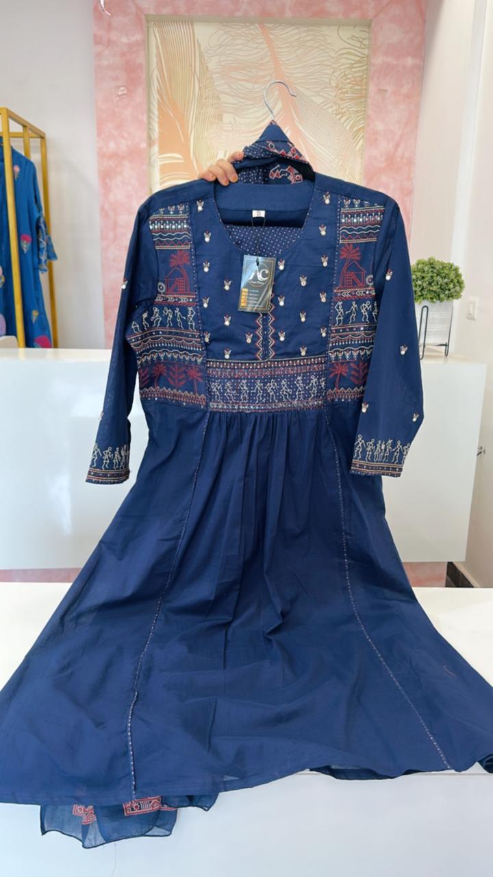 Worli art embroidered full suit set in blue