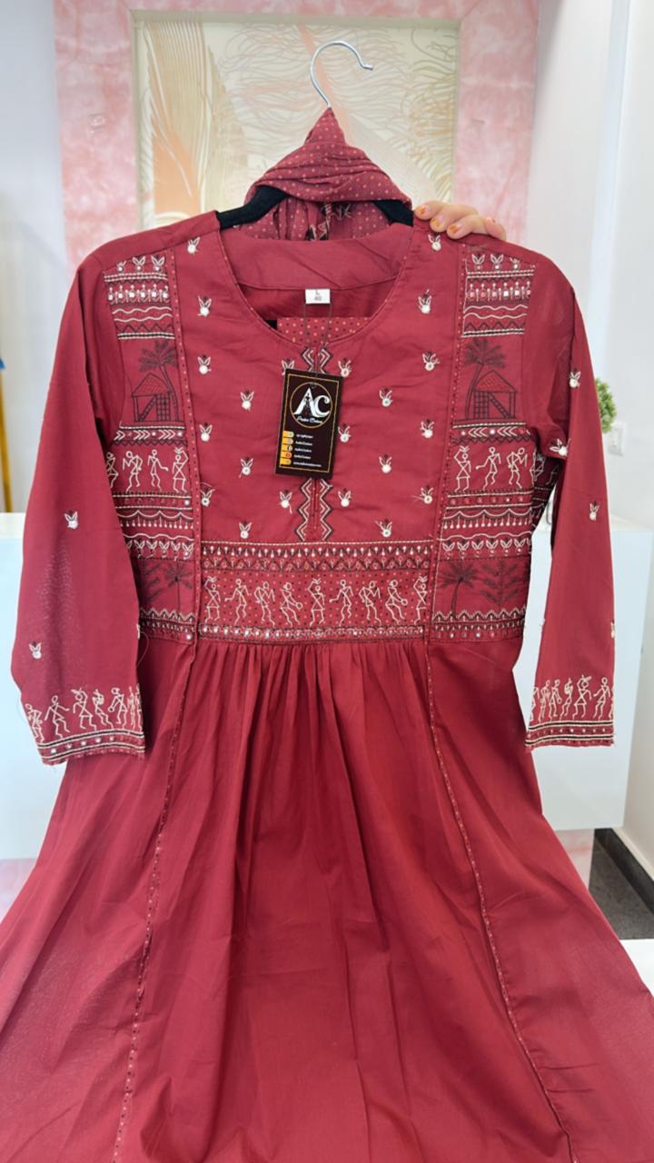 Worli art embroidered full suit set in red