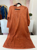 Modal cotton chikankari in burnt orange