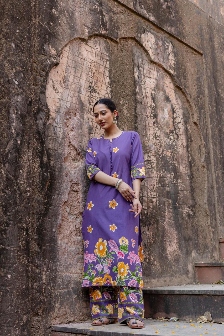 Pure cotton digital printed summer perfect kurta pant in purple
