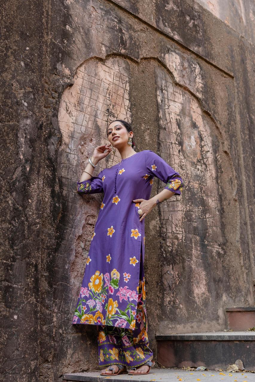 Pure cotton digital printed summer perfect kurta pant in purple