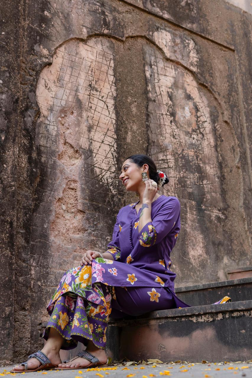 Pure cotton digital printed summer perfect kurta pant in purple