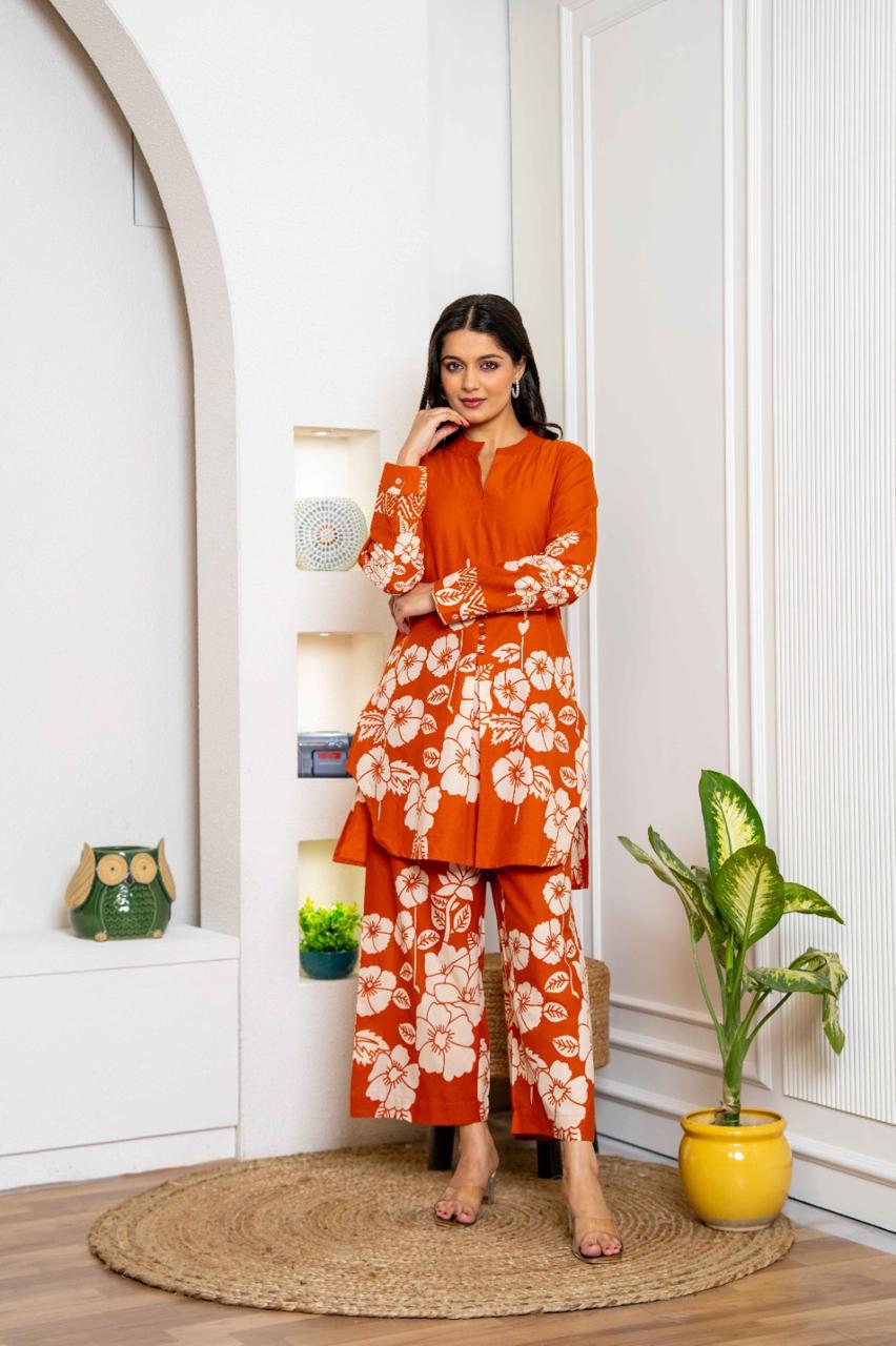 Digital printed cotton co ord set in rust