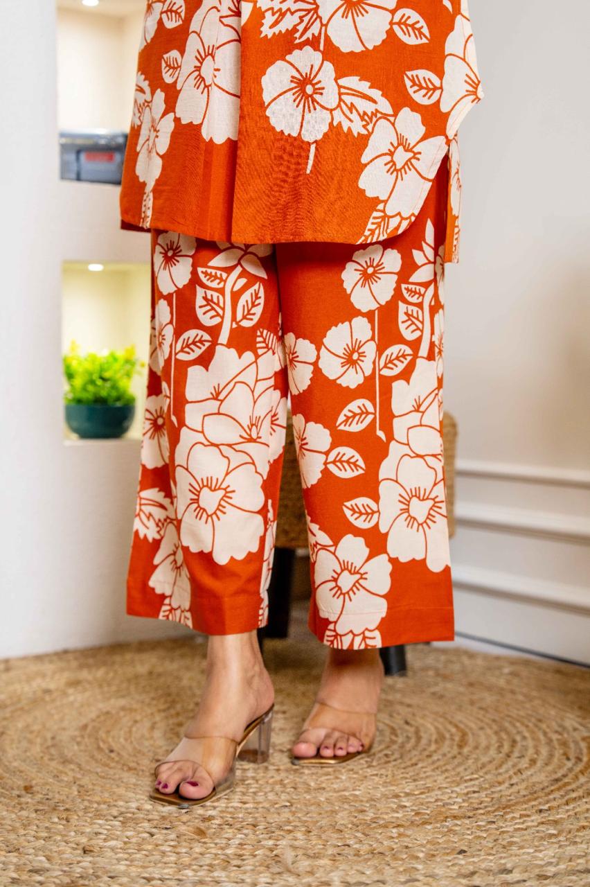 Digital printed cotton co ord set in rust