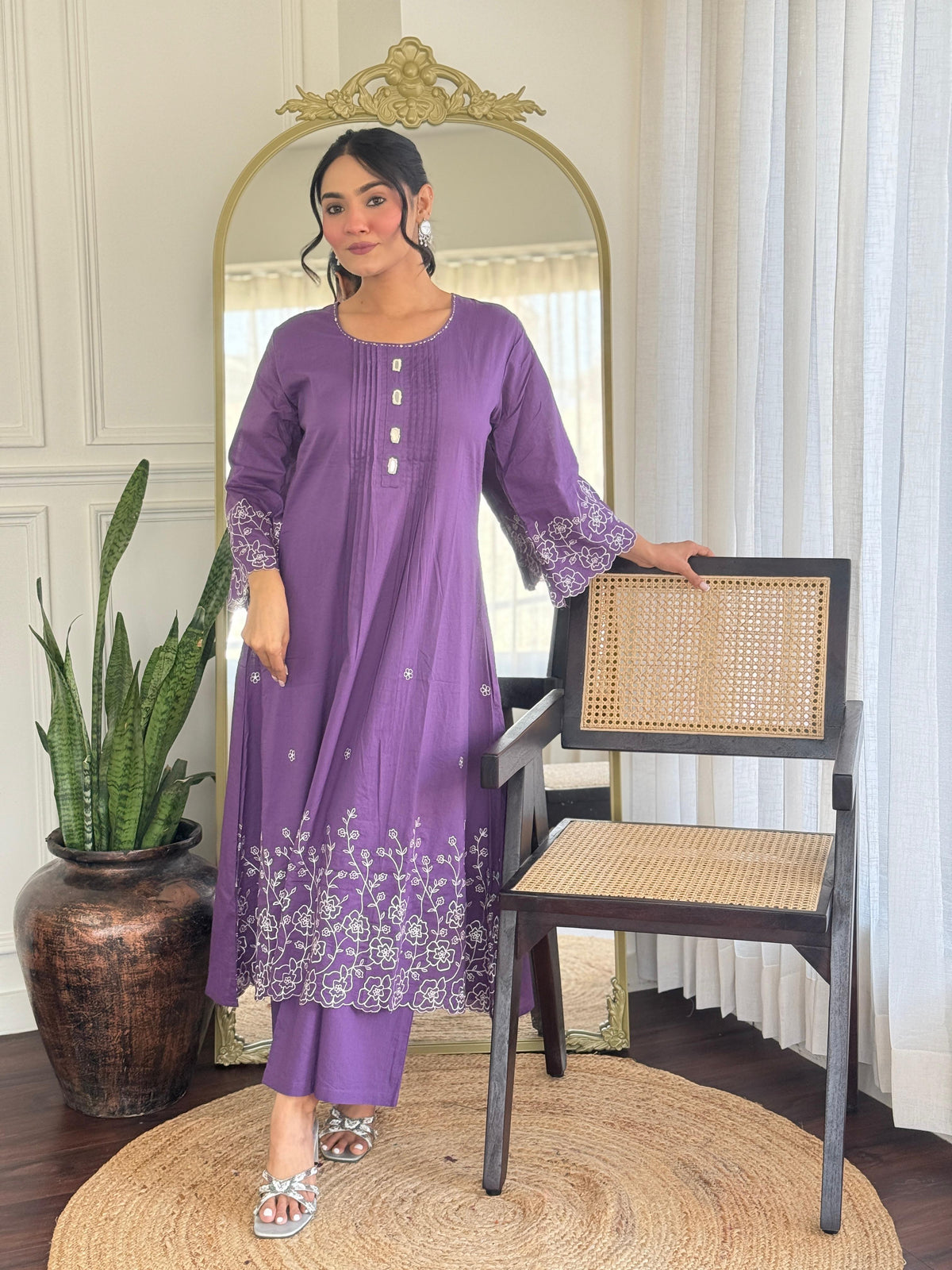 Designer pure cotton fully embroidered kurta pant in purple