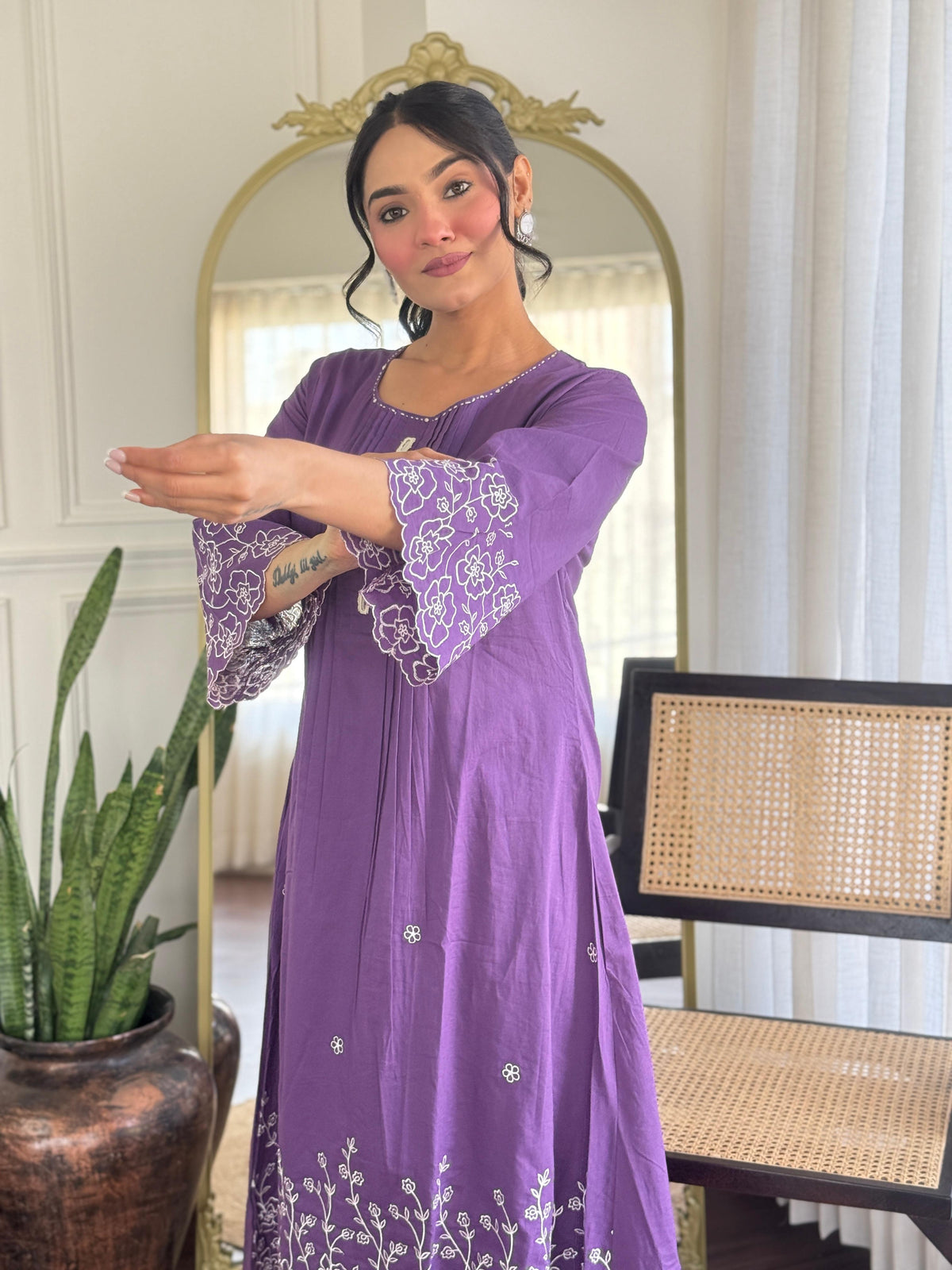 Designer pure cotton fully embroidered kurta pant in purple