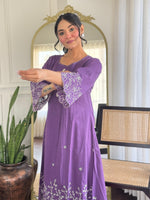 Designer pure cotton fully embroidered kurta pant in purple