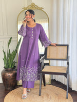 Designer pure cotton fully embroidered kurta pant in purple