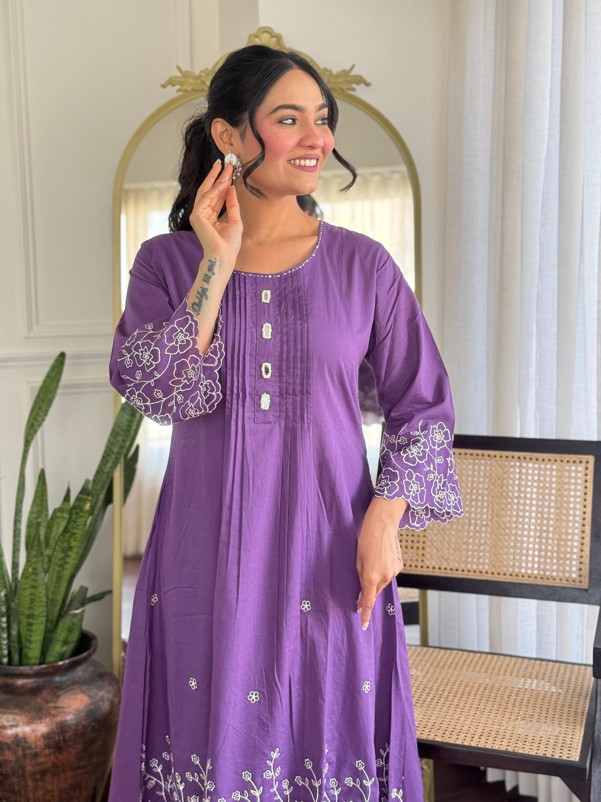 Designer pure cotton fully embroidered kurta pant in purple