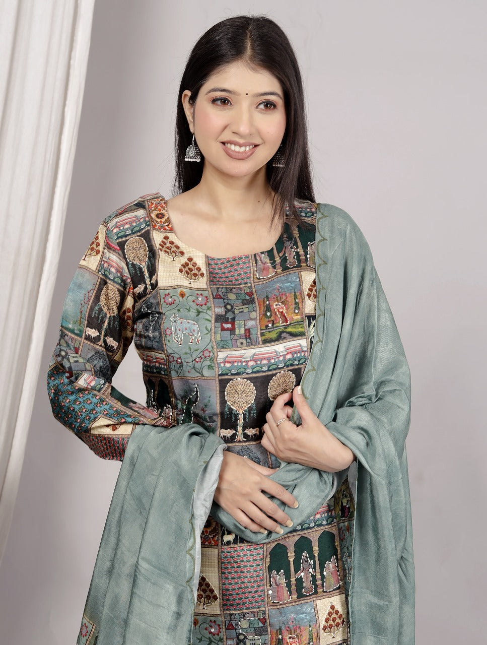 Cotton silk katha stitched lining suit set