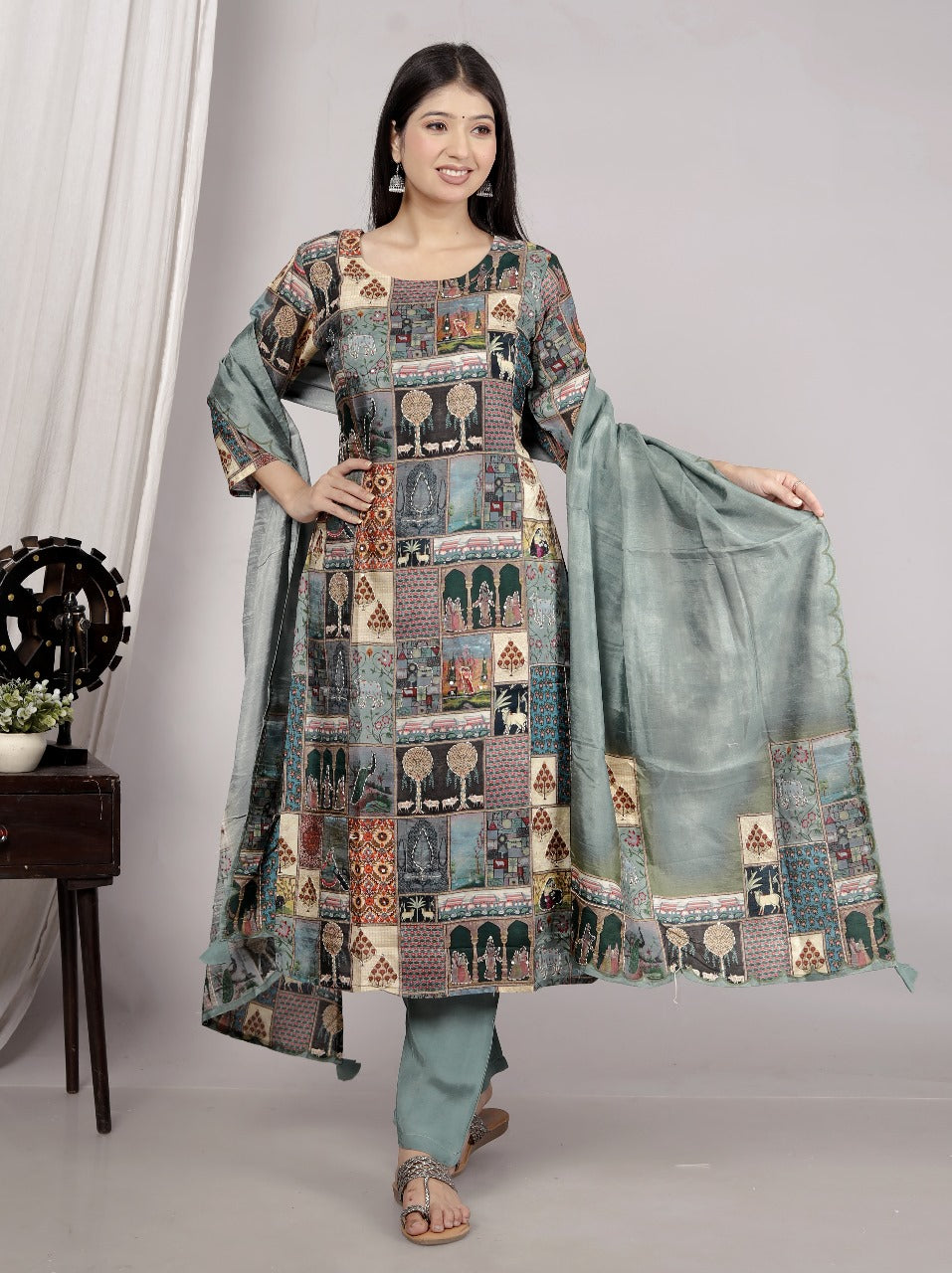 Cotton silk katha stitched lining suit set