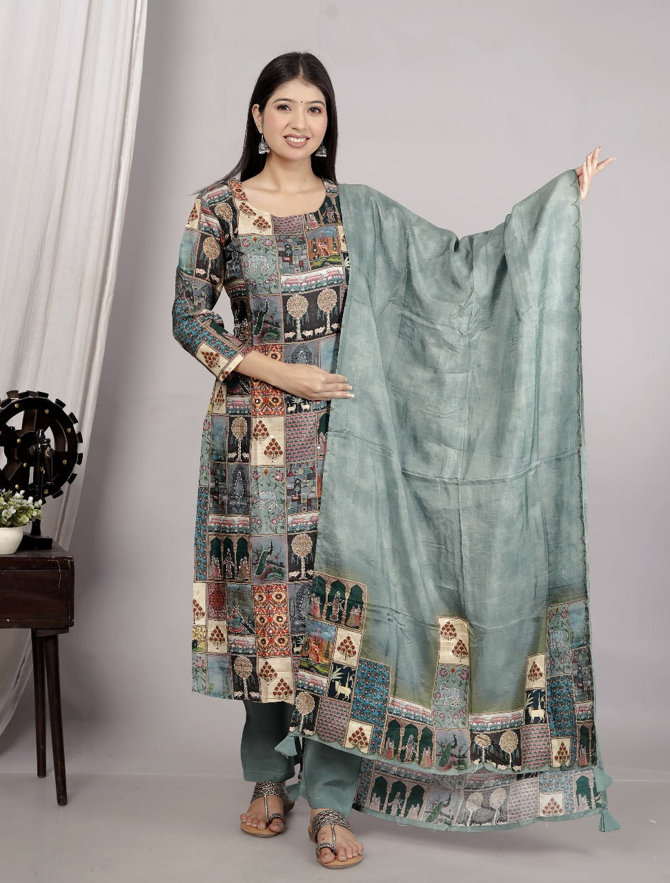 Cotton silk katha stitched lining suit set