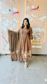 Best selling pure cotton fully embroideredsuit set in brown