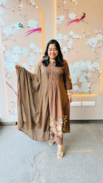 Best selling pure cotton fully embroideredsuit set in brown