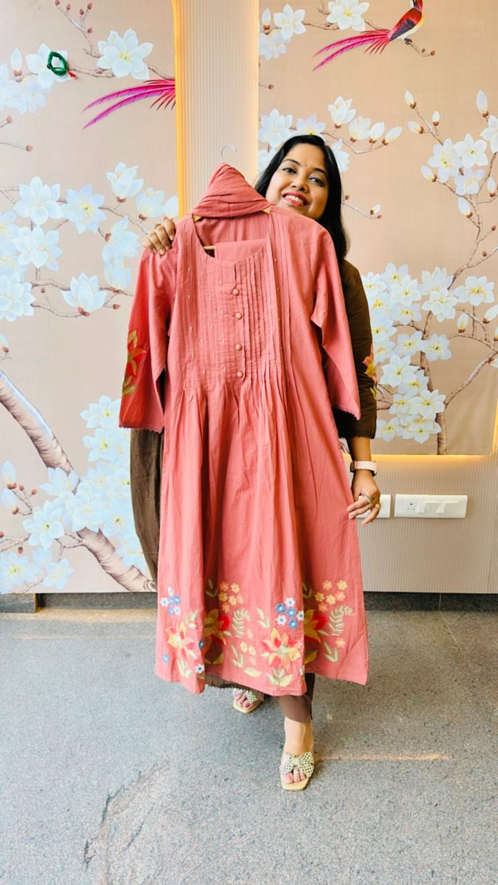 Best selling pure cotton fully embroideredsuit set in peach