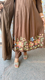 Best selling pure cotton fully embroideredsuit set in brown