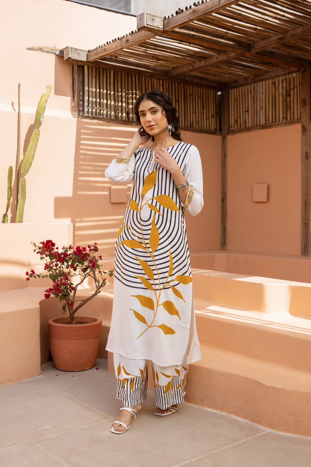 Heavy rayon printed palazzo set in yellow