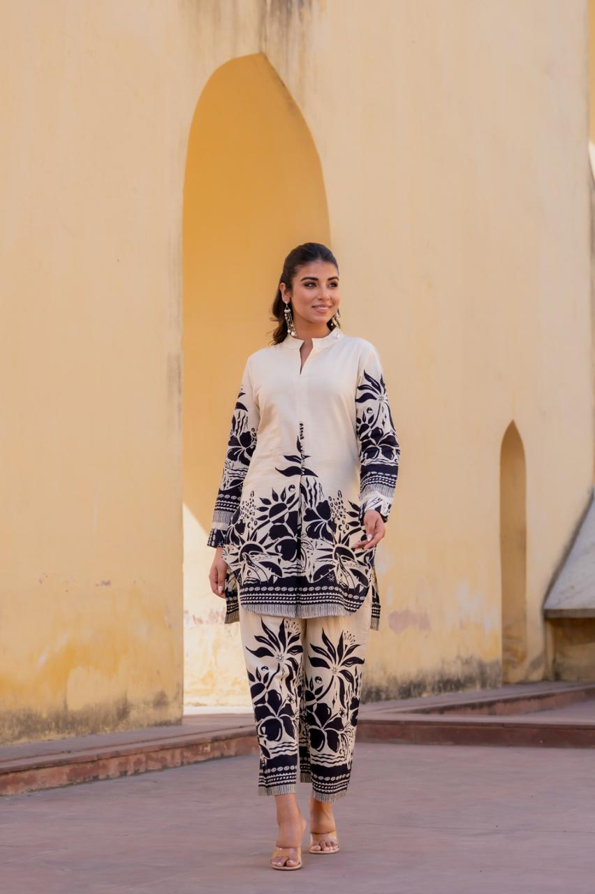 Summer perfect digital printed co ord in black and camel colour