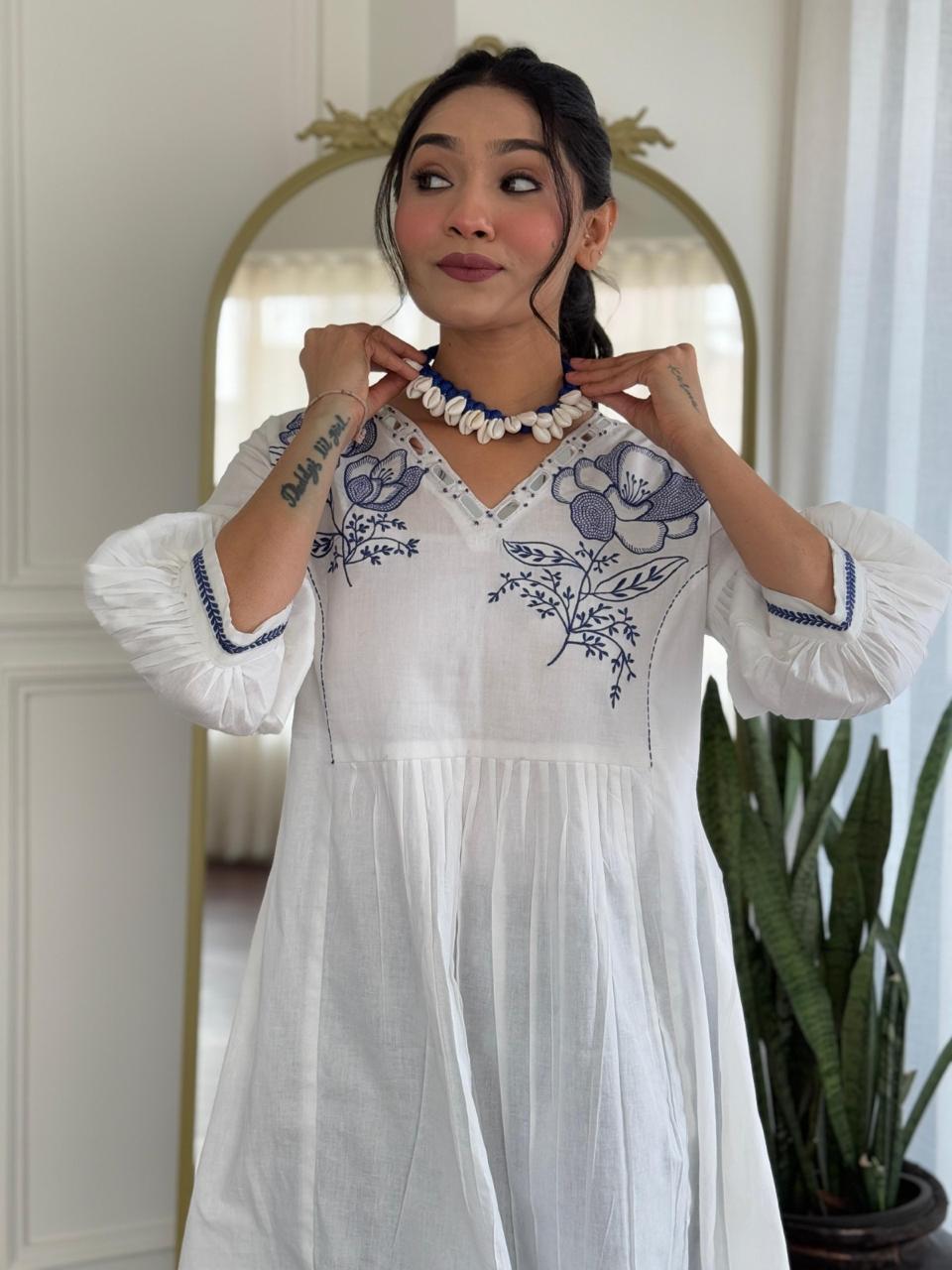 Indigo blue stylish pure cotton embroidered co ord set