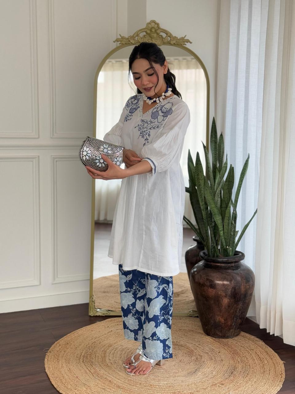 Indigo blue stylish pure cotton embroidered co ord set