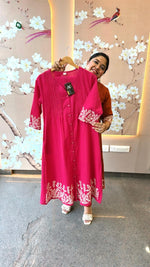 Pretty embroidery flex cotton kurta pant in Rani pink