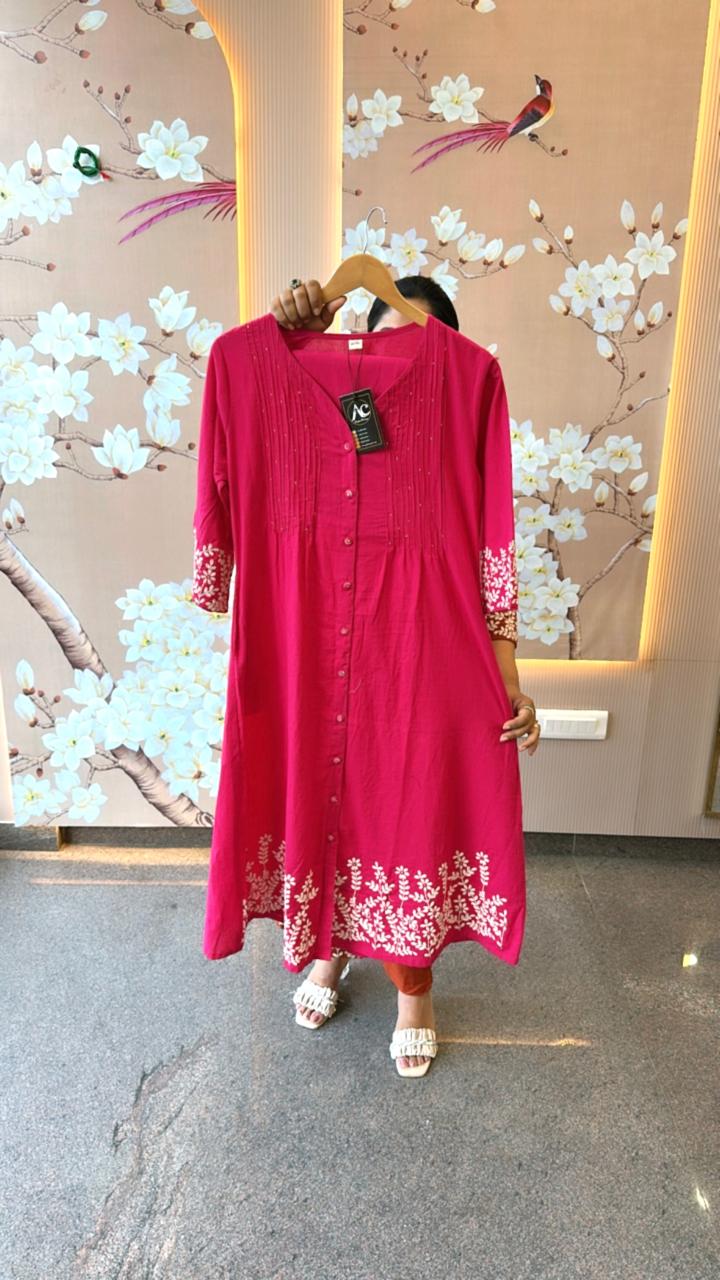 Pretty embroidery flex cotton kurta pant in Rani pink