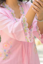 Wow wow Mul cotton embroidery co ord in pink