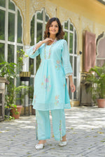 Wow wow Mul cotton embroidery co ord in blue