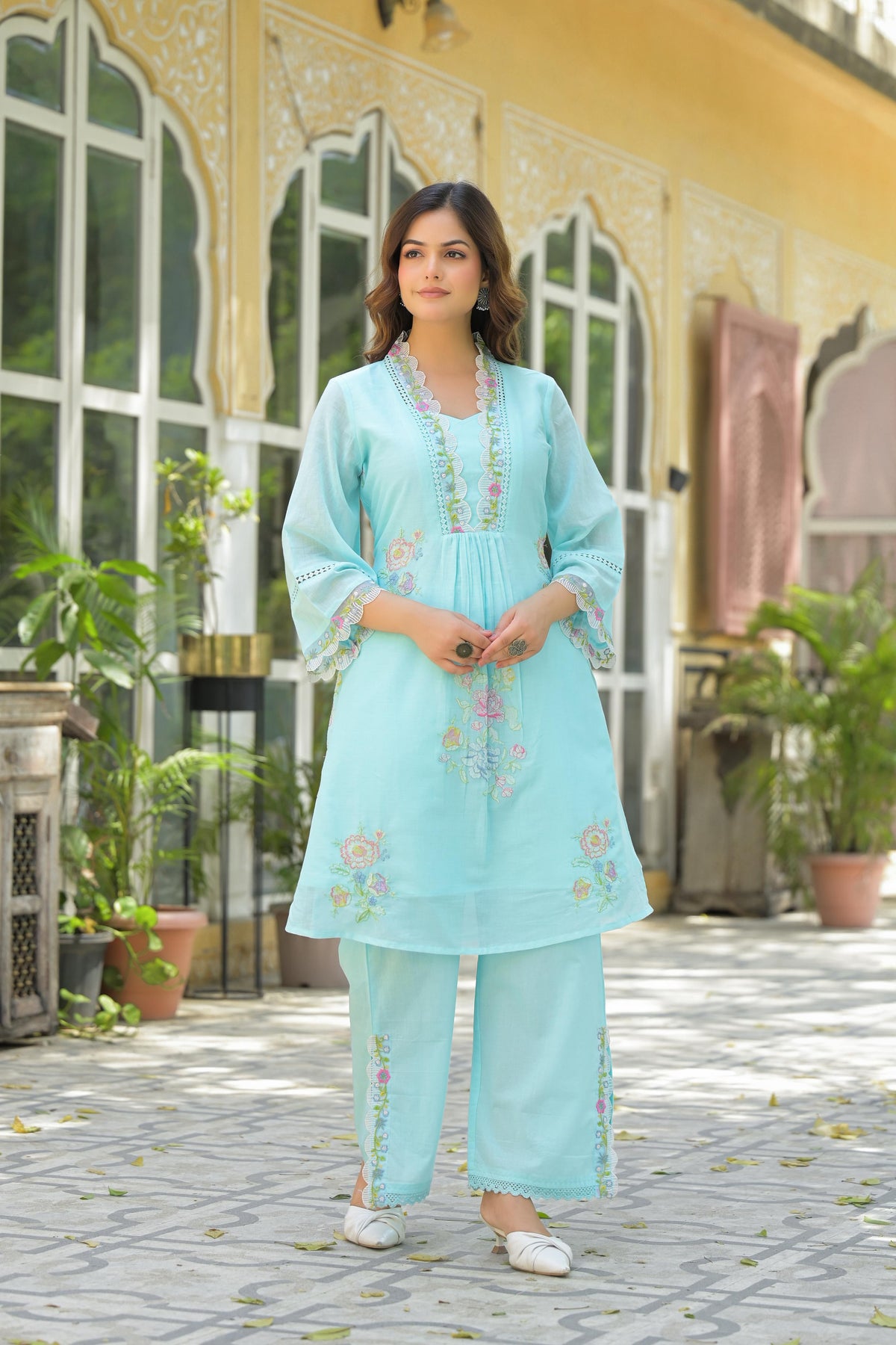 Wow wow Mul cotton embroidery co ord in blue