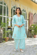 Wow wow Mul cotton embroidery co ord in blue