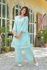 Wow wow Mul cotton embroidery co ord in blue