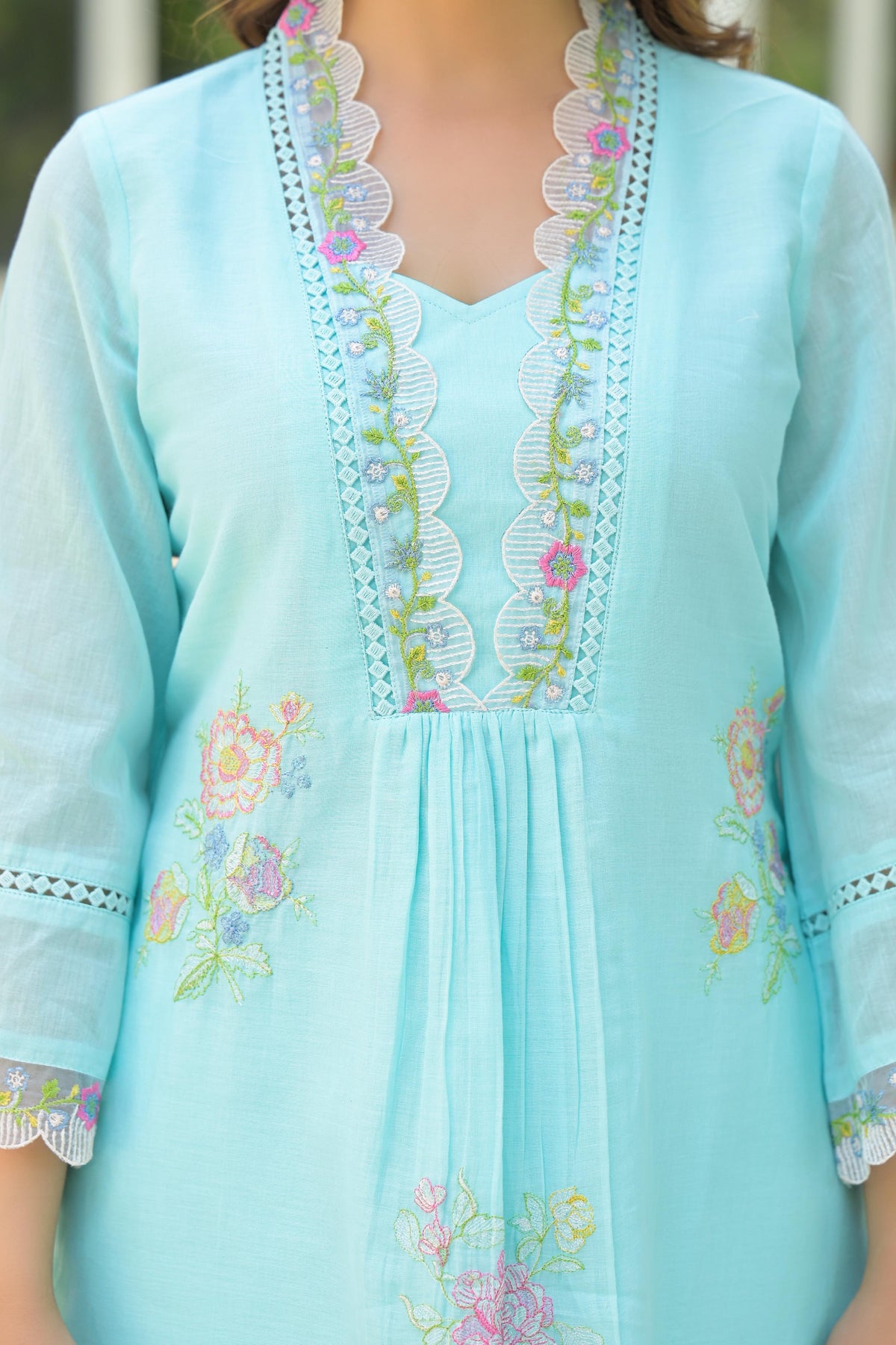 Wow wow Mul cotton embroidery co ord in blue