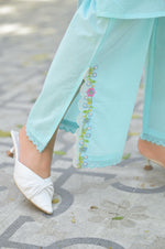 Wow wow Mul cotton embroidery co ord in blue