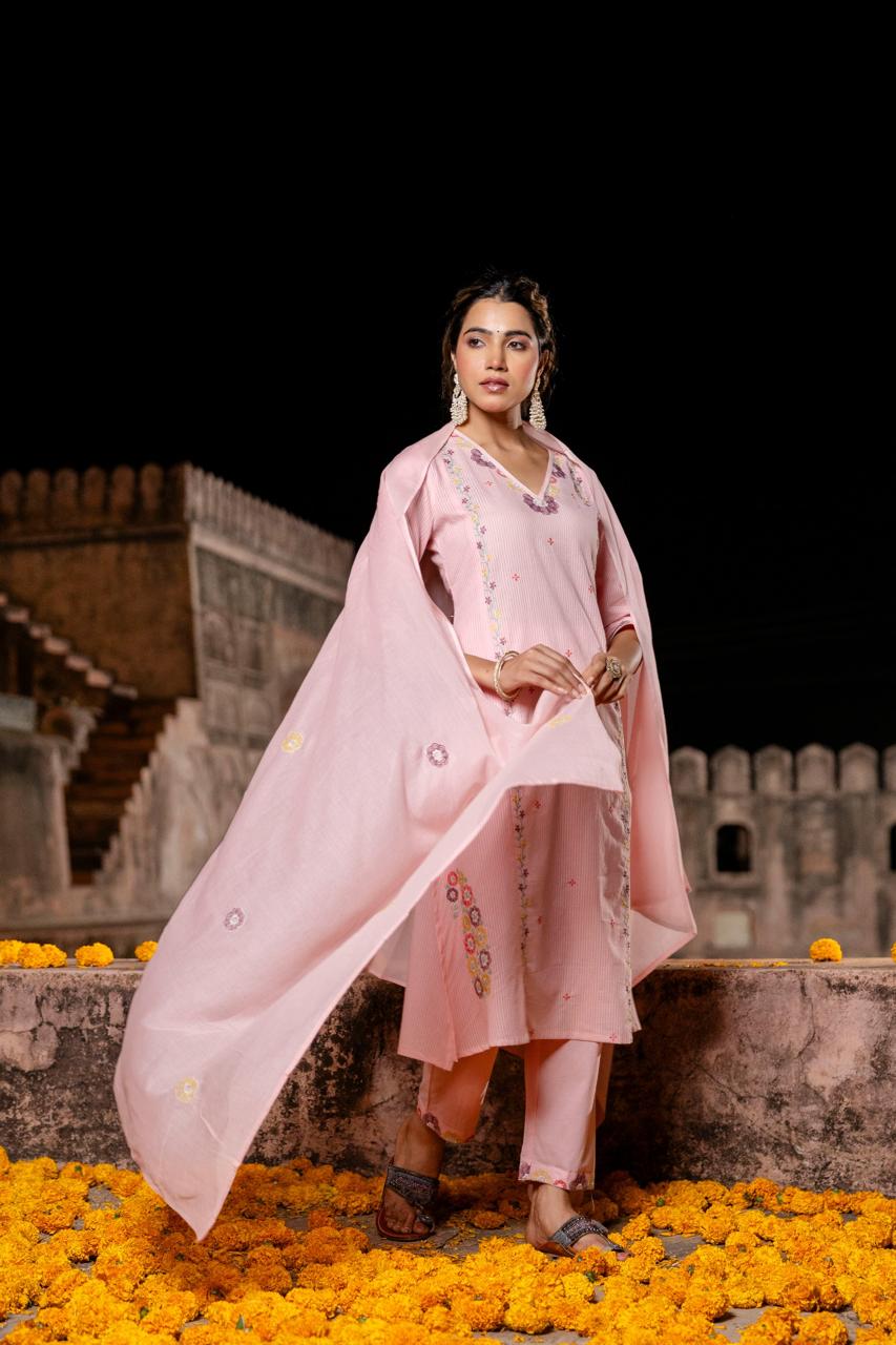 Premium cotton embroidery full suit set in pink