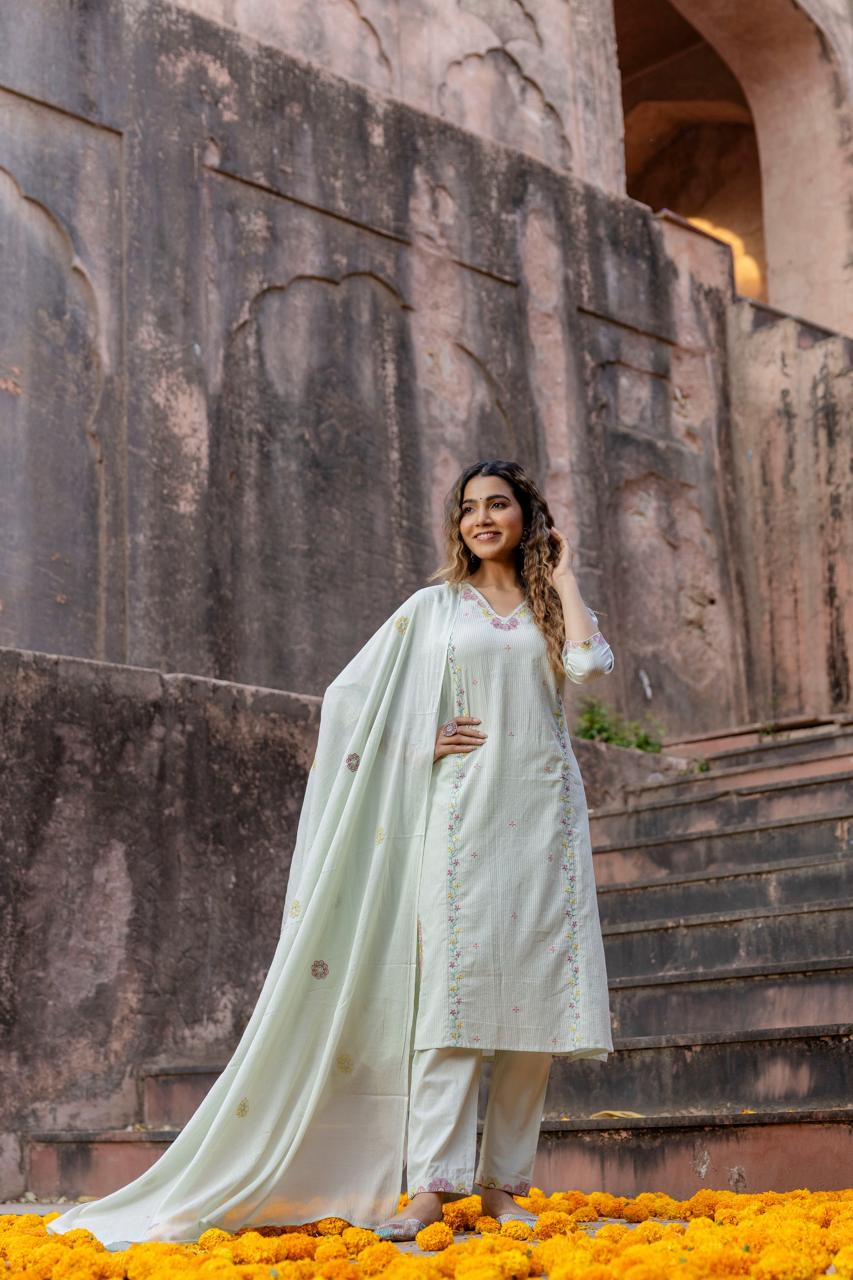 Premium cotton embroidery full suit set in green