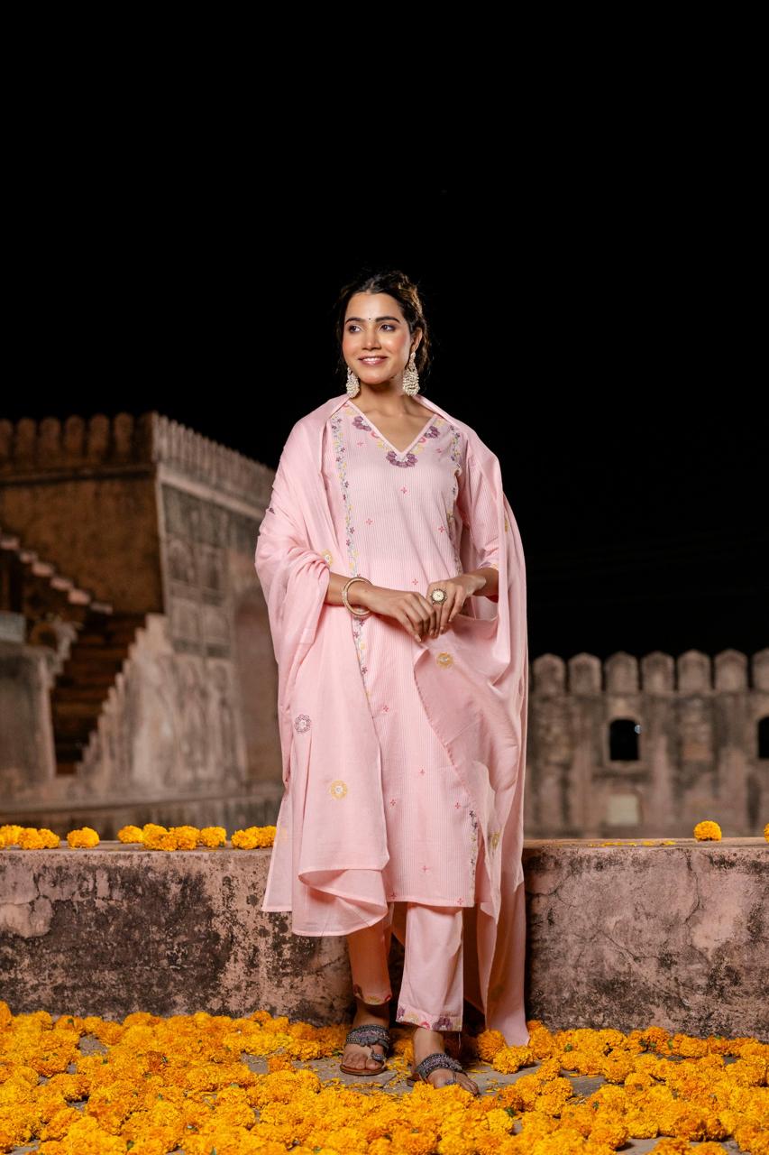 Premium cotton embroidery full suit set in pink