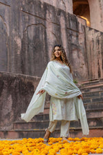 Premium cotton embroidery full suit set in green