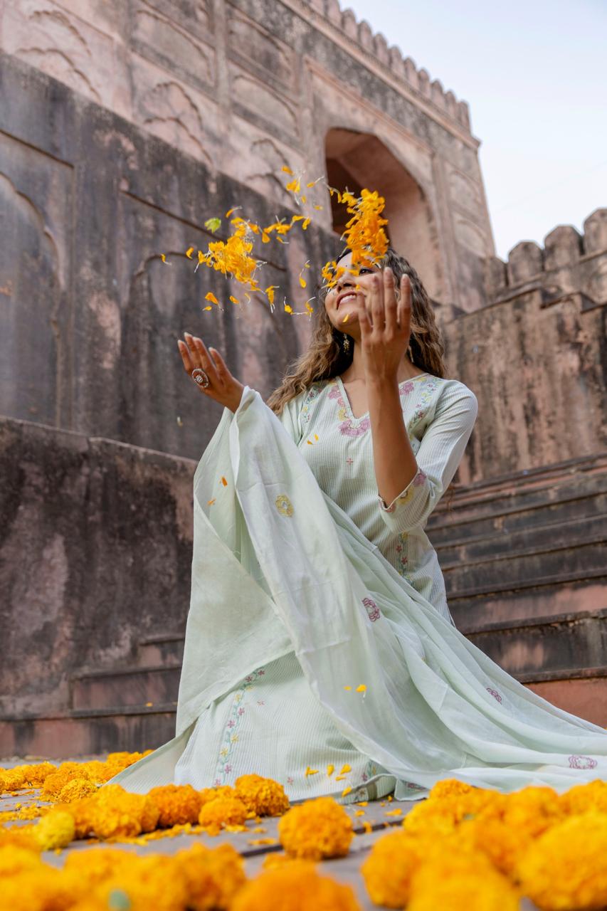 Premium cotton embroidery full suit set in green