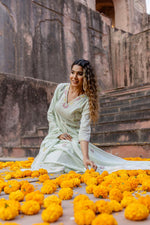 Premium cotton embroidery full suit set in green