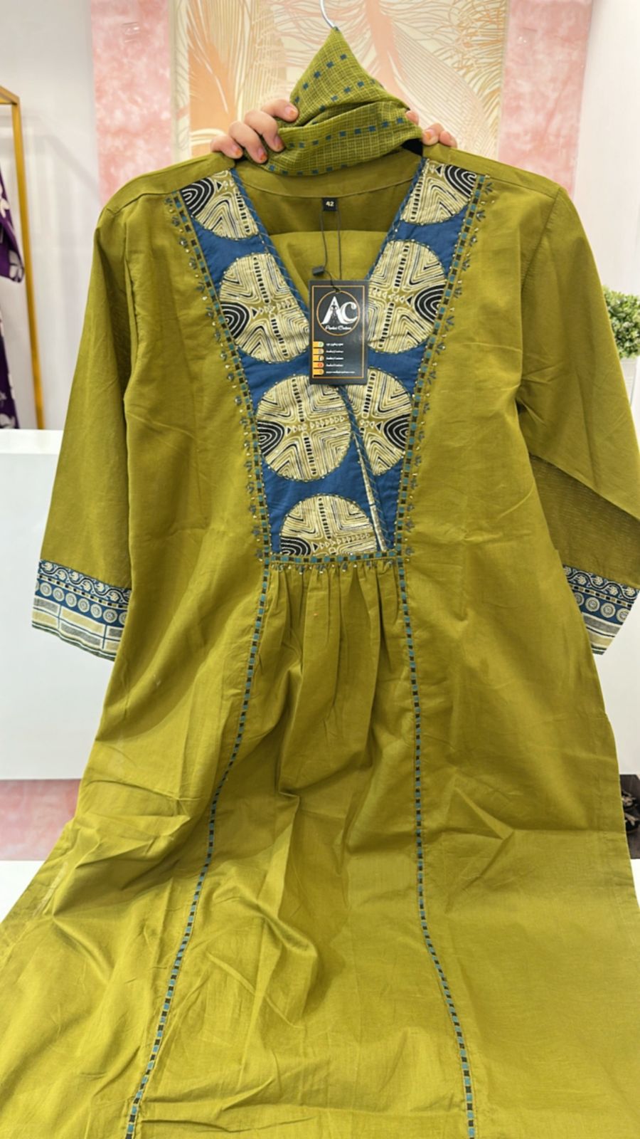 Beautiful cotton suit set paired with Kota doria dupatta in olive green