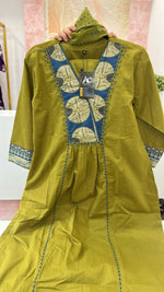 Beautiful cotton suit set paired with Kota doria dupatta in olive green