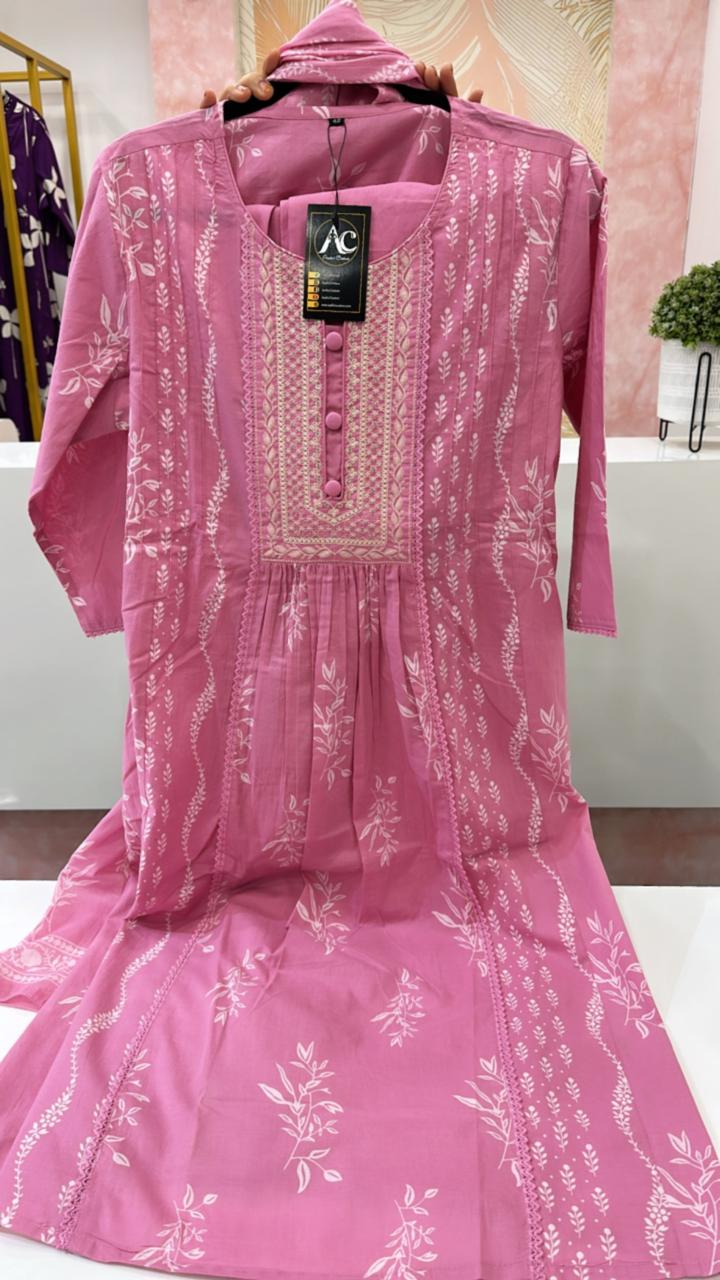Pure cotton suit set paired with Mul cotton dupatta in pink